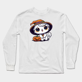 Cut cat wearing a witches hat and with cute pumpkin Long Sleeve T-Shirt